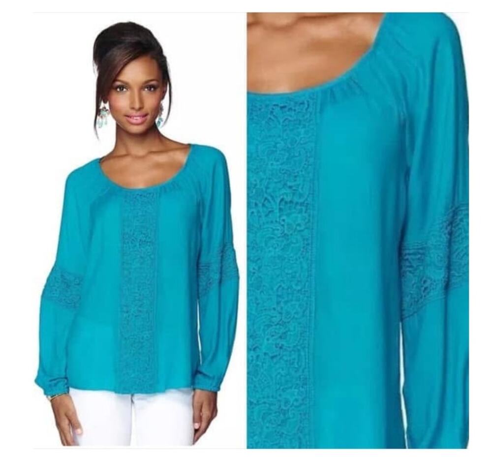 Lilly Pulitzer Briony blouse M peasant crochet lace boho cottage turquoise